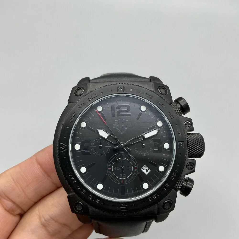 Shield Tesei Chronograph Mens Watch 49mm Black Dial Leather Date New Battery
